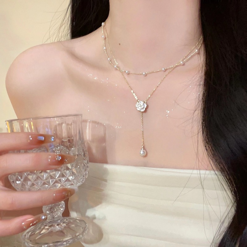 Layered Pendant Necklace Aesthetic - Y2K 더블 레이어 카멜리아 꽃 펜던트