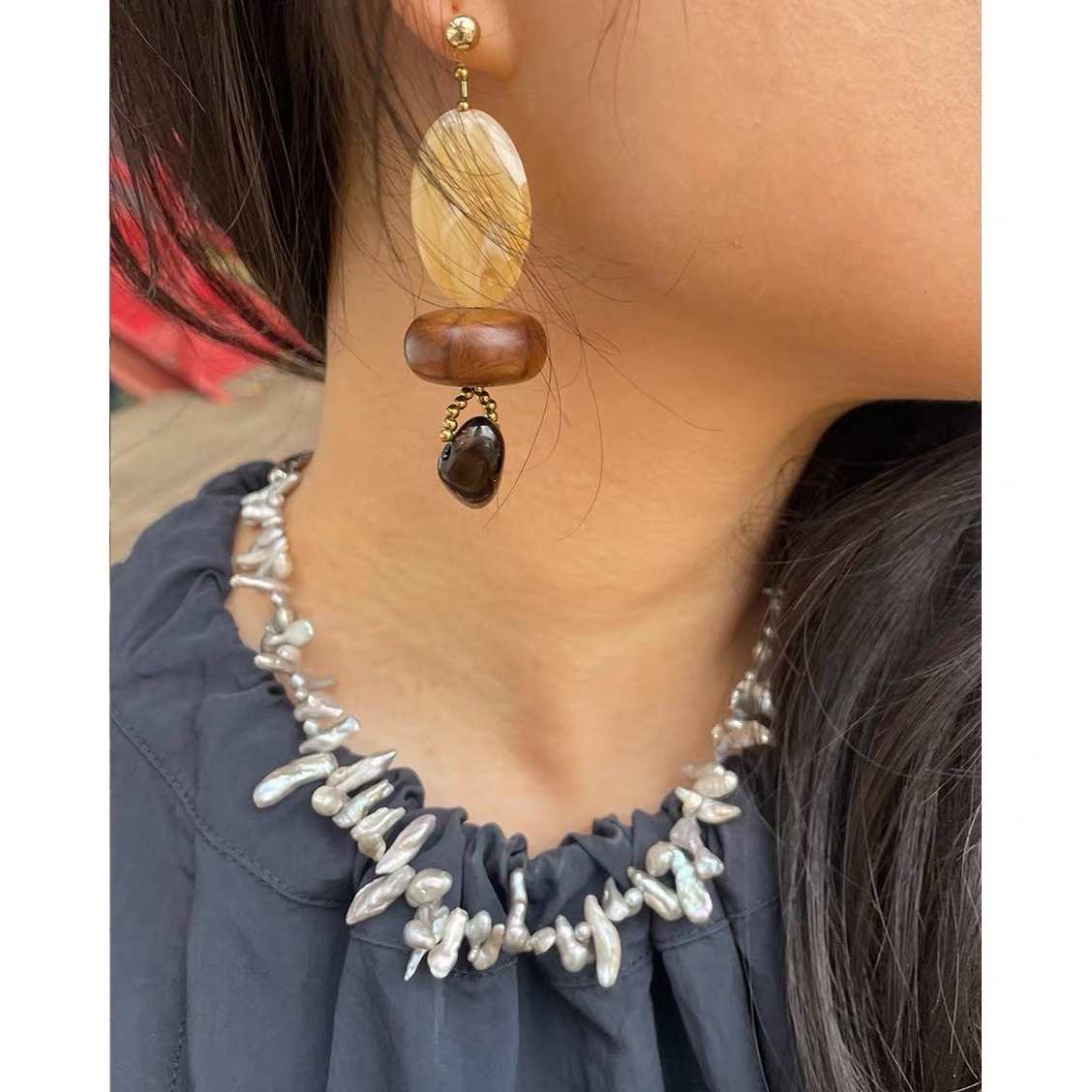 Pearl Choker Necklace Vintage - 보헤미안 스타일의 바로크 진주 초커 목걸이와