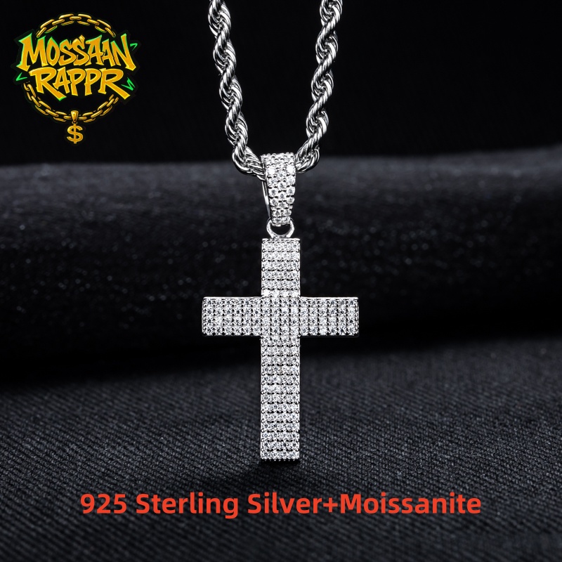 모산랩퍼 모이사나이트 블링 크로스 펜던트 아이스드 아웃 - 925 Sterling Silver Chain Necklace Men 리뷰 및 가격
