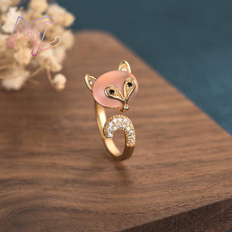핑크 천연 옥 여우 반지 진짜 보석 부적 빈티지 조절  - Rings 리뷰 및 가격